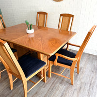 Vintage Oak Dining Table w/ 6 Chairs - Newly Recovered in Black Velvet