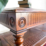 Vintage Walnut & Glass Rectangular Coffee Table with Cane Accent