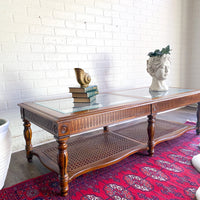 Vintage Walnut & Glass Rectangular Coffee Table with Cane Accent