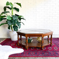 Vintage Walnut & Glass Octogonal Coffee Table with Rattan Accent