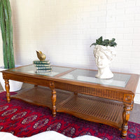 Vintage Walnut & Glass Rectangular Coffee Table with Cane Accent