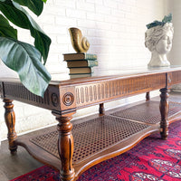 Vintage Walnut & Glass Rectangular Coffee Table with Cane Accent