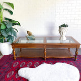 Vintage Walnut & Glass Rectangular Coffee Table with Cane Accent