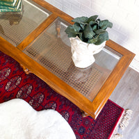 Vintage Walnut & Glass Rectangular Coffee Table with Cane Accent