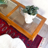 Vintage Walnut & Glass Rectangular Coffee Table with Cane Accent