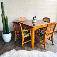 Vintage Dining Table & 4 Rolling Cane Chairs with Leopard Fabric