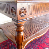 Vintage Walnut & Glass Rectangular Coffee Table with Cane Accent