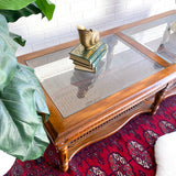 Vintage Walnut & Glass Rectangular Coffee Table with Cane Accent