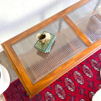 Vintage Walnut & Glass Rectangular Coffee Table with Cane Accent