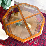 Vintage Walnut & Glass Octogonal Coffee Table with Rattan Accent