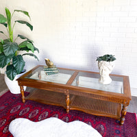 Vintage Walnut & Glass Rectangular Coffee Table with Cane Accent