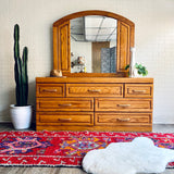 Solid Oak Vintage Dresser with Mirror & Gold Accents