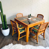 Vintage Dining Table & 4 Rolling Cane Chairs with Leopard Fabric