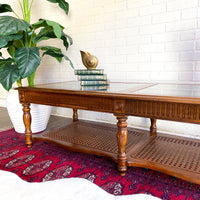 Vintage Walnut & Glass Rectangular Coffee Table with Cane Accent