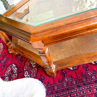 Vintage Walnut & Glass Octogonal Coffee Table with Rattan Accent