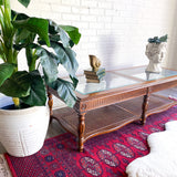 Vintage Walnut & Glass Rectangular Coffee Table with Cane Accent